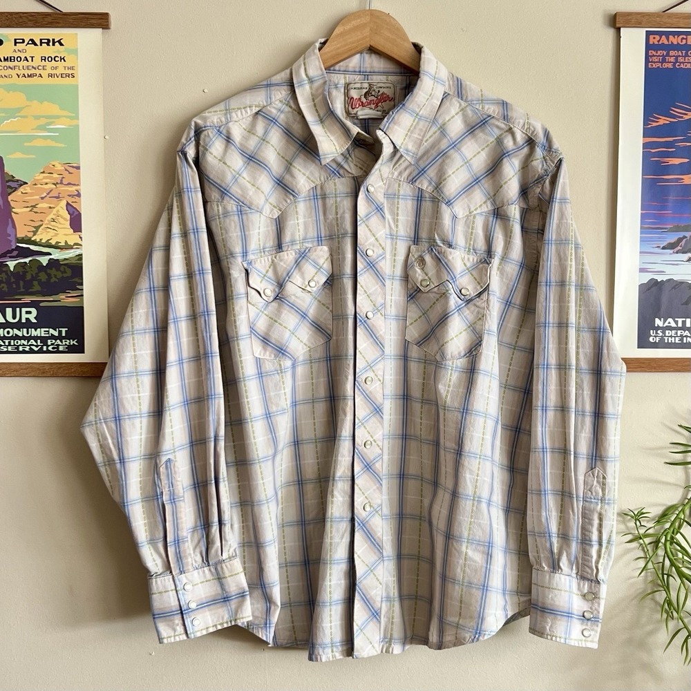 Vtg Wrangler Men XL Pearl Snap Western Shirt Plaid Long Sleeve Beige Blue Cowboy